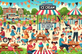 DALL·E 2024 07 21 22.37.42 A joyful celebration of National Ice Cream Day featuring people enjoying various ice cream flavors at a park. Include a variety of ice cream types lik
