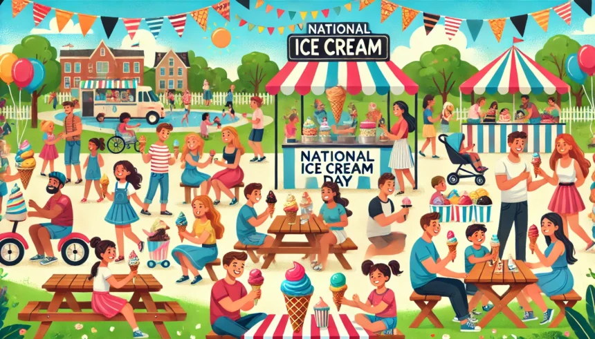 DALL·E 2024 07 21 22.37.42 A joyful celebration of National Ice Cream Day featuring people enjoying various ice cream flavors at a park. Include a variety of ice cream types lik