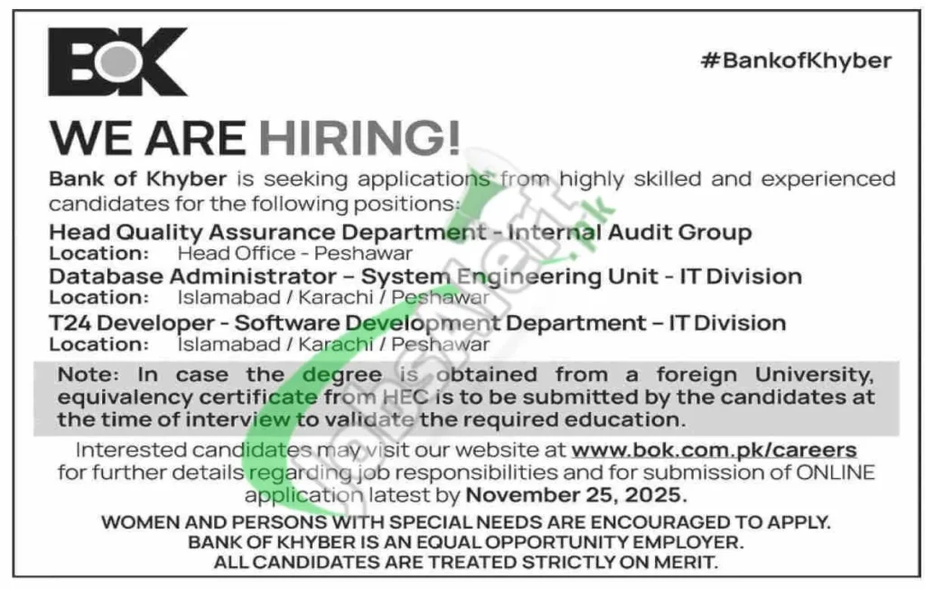 Financial institution of Khyber BOK Jobs 2025 On-line Apply www.bok.com.pk