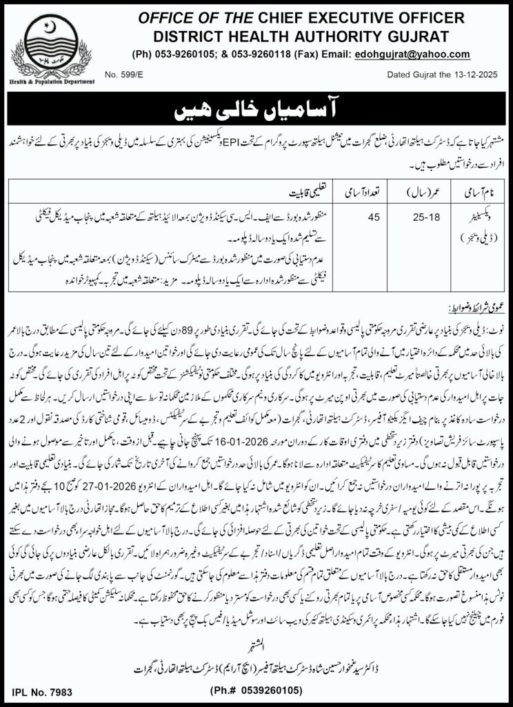 Vaccinator jobs at District Well being Authority Gujrat 2025 Job Commercial Pakistan