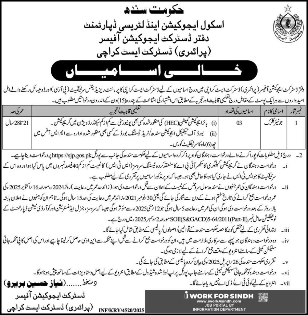 Clerk job at Faculty Schooling and Literacy Division 2025 Job Commercial Pakistan