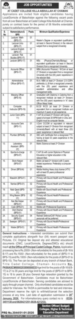 Cadet School Chaman Jobs 2026 2025 Job Commercial Pakistan