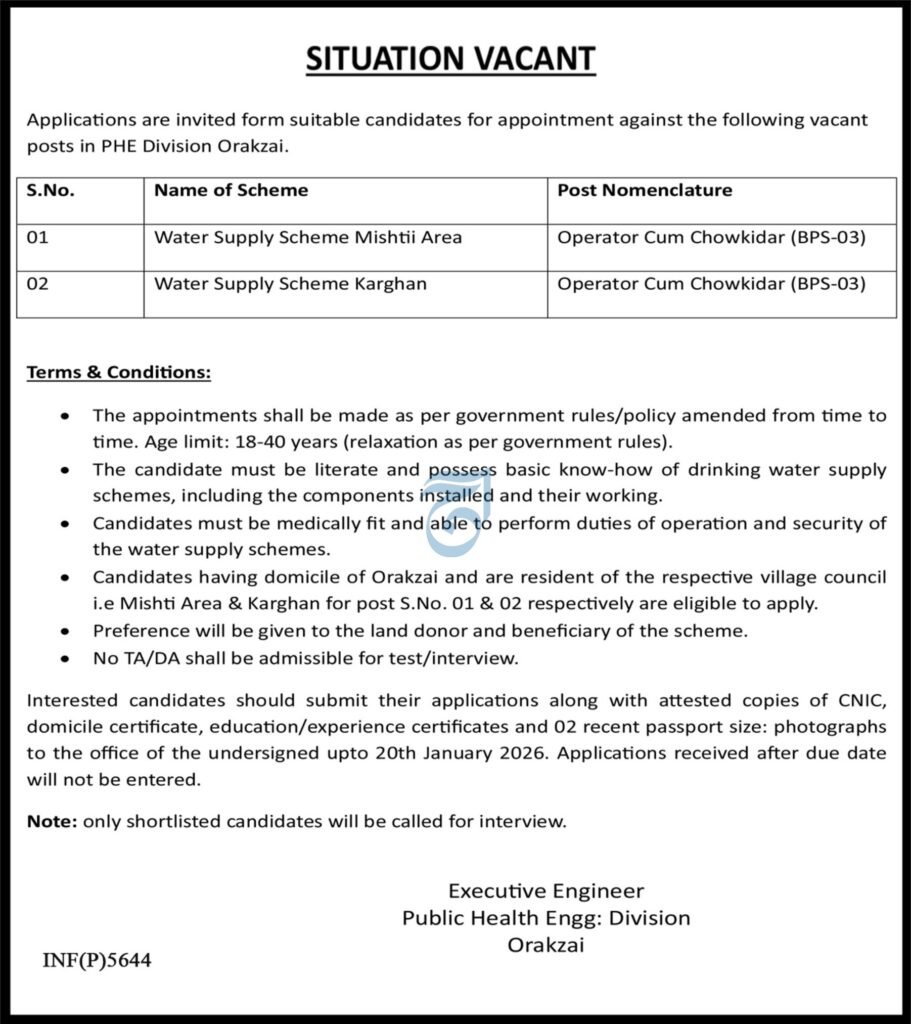 Public Well being Engineering Division Orakzai Job 2026 2025 Job Commercial Pakistan