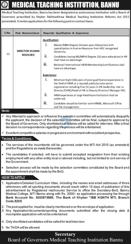 Medical Instructing Establishment MTI Bannu Job 2026 2025 Job Commercial Pakistan