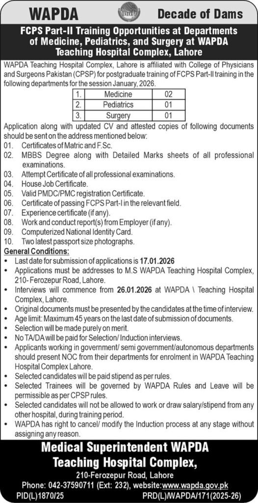 WAPDA Instructing Hospital Advanced Lahore Job 2026 2026 Job Commercial Pakistan