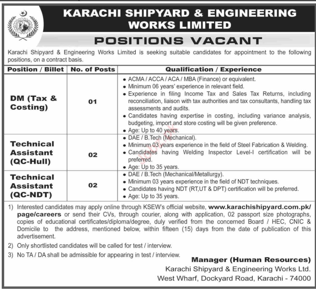 Jobs Obtainable at Karachi Shipyard and Engineering Works 2026 Job Commercial Pakistan