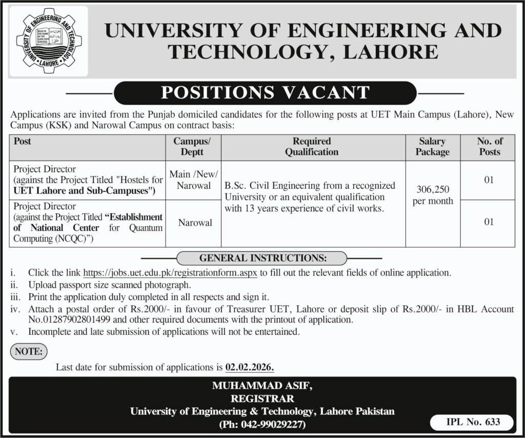 College of Engineering and Expertise UET Lahore Jobs 2026 Job Commercial Pakistan