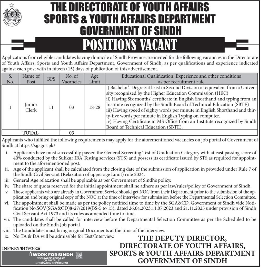 Sports activities and Youth Affairs Division Sindh Job 2026 2026 Job Commercial Pakistan