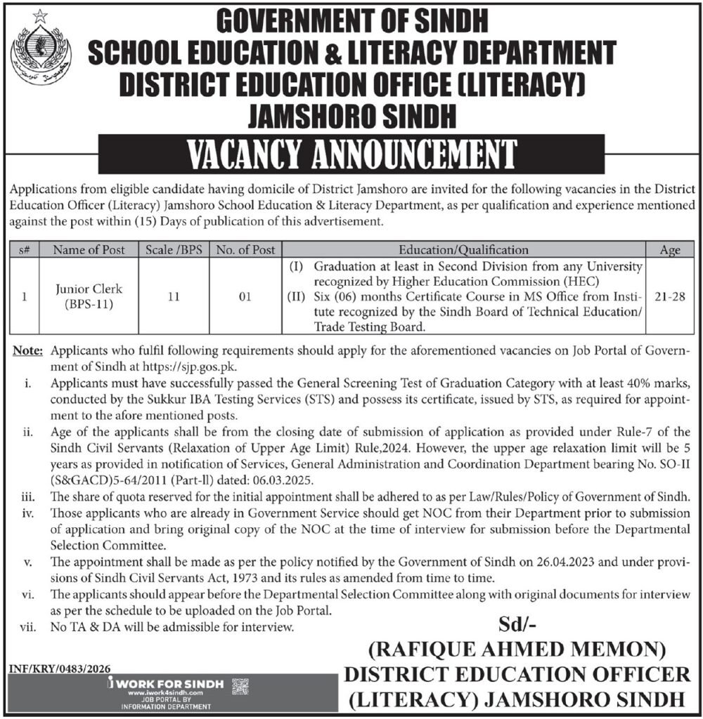 College Schooling & Literacy Division Jamshoro Job 2026 2026 Job Commercial Pakistan
