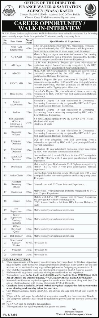 Water and Sanitation Company WASA Kasur Jobs 2026 2026 Job Commercial Pakistan