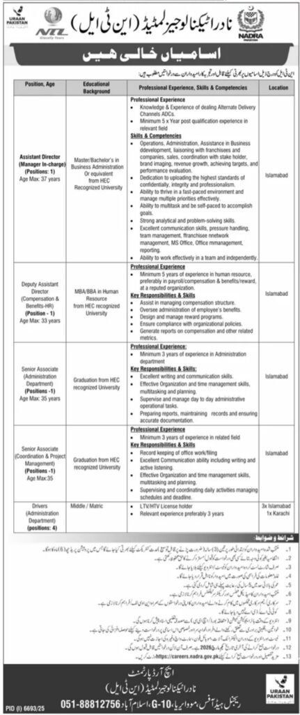 Job Vacancies at Nadra Applied sciences Restricted NTL 2026 Job Commercial Pakistan