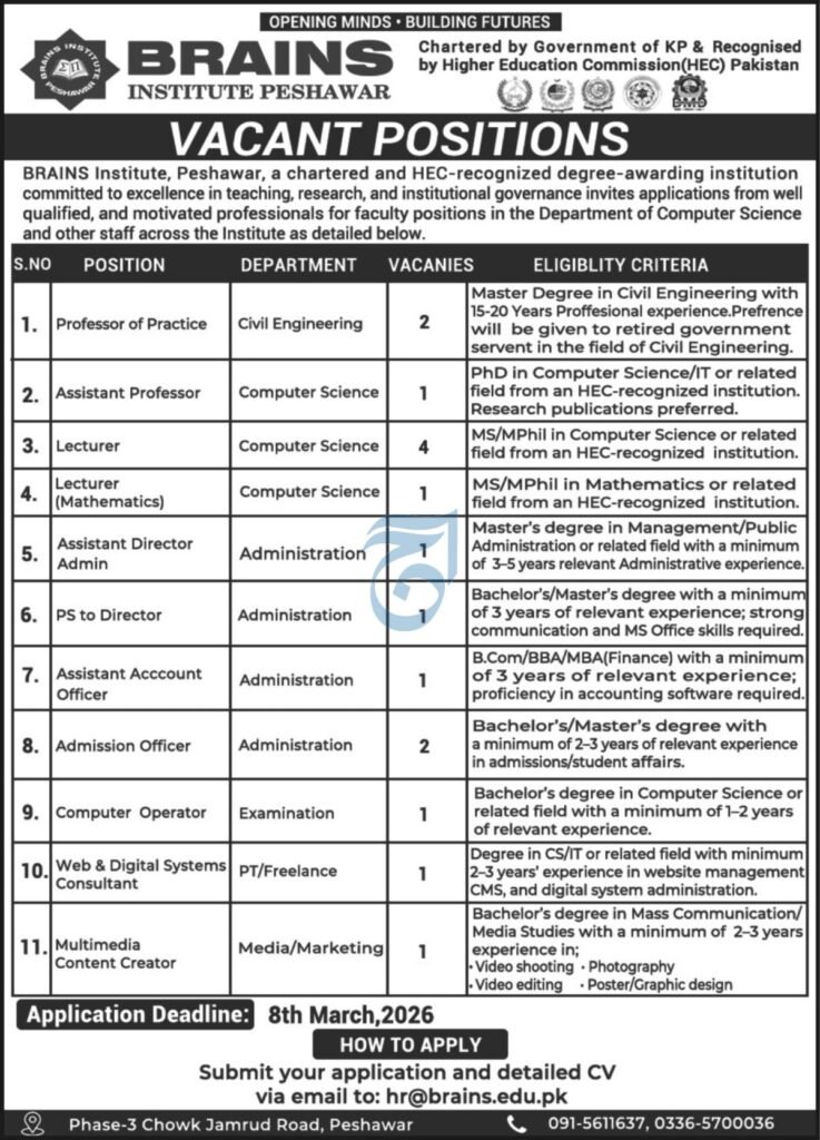 The Brains Institute Peshawar Jobs 2026 2026 Job Commercial Pakistan The Brains Institute Peshawar Jobs 2026 2026 Job Commercial Pakistan