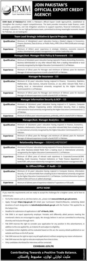 Exim Financial institution of Pakistan Lahore Jobs 2026 2026 Job Commercial Pakistan