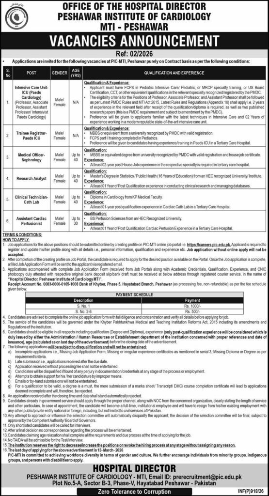 Peshawar Institute of Cardiology PIC MTI Peshawar Jobs 2026 2026 Job Commercial Pakistan