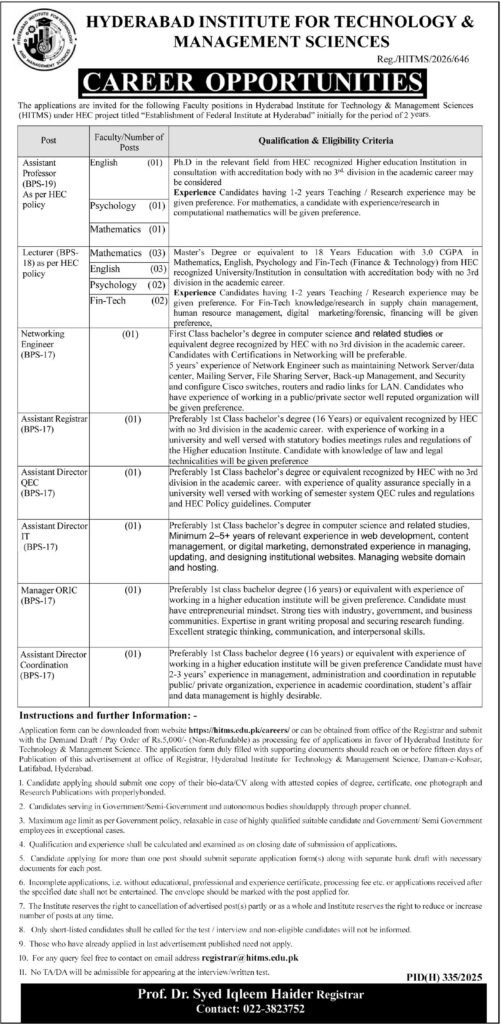 Newest Hyderabad Institute for Know-how & Administration Jobs 2026 Job Commercial Pakistan