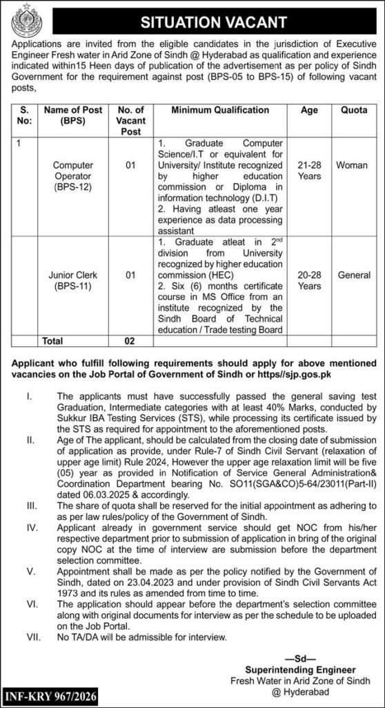Contemporary Water in Arid Zone of Sindh Hyderabad Jobs 2026 2026 Job Commercial Pakistan