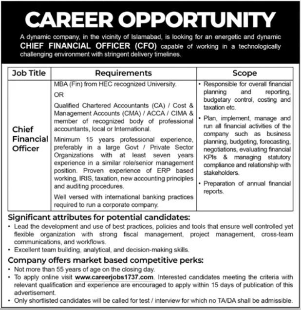 Chief Monetary Officer Careers at Non-public Firm 2026 Job Commercial Pakistan