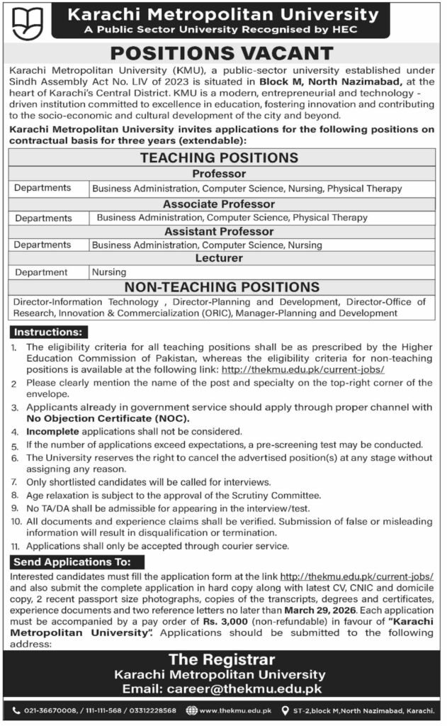 Karachi Metropolitan College KMU Jobs 2026 for Professors 2026 Job Commercial Pakistan