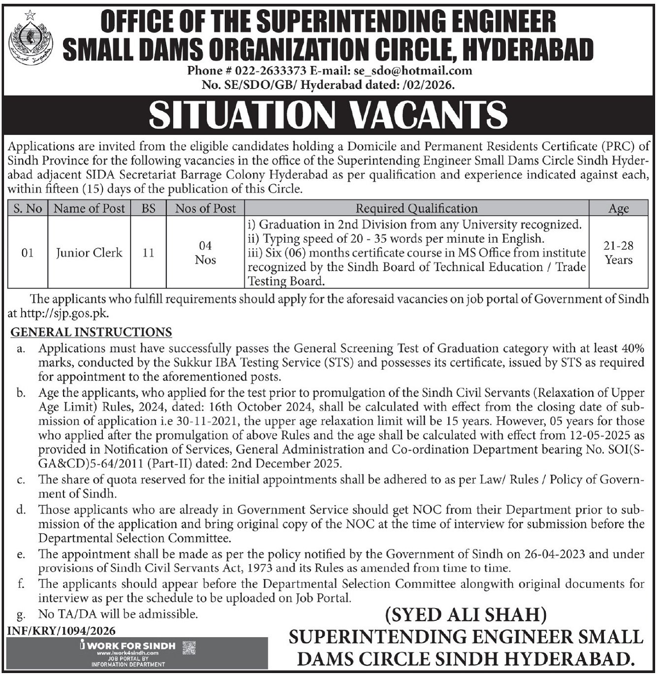 Small Dams Group Circle Hyderabad Jobs 2026 2026 Job Commercial Pakistan