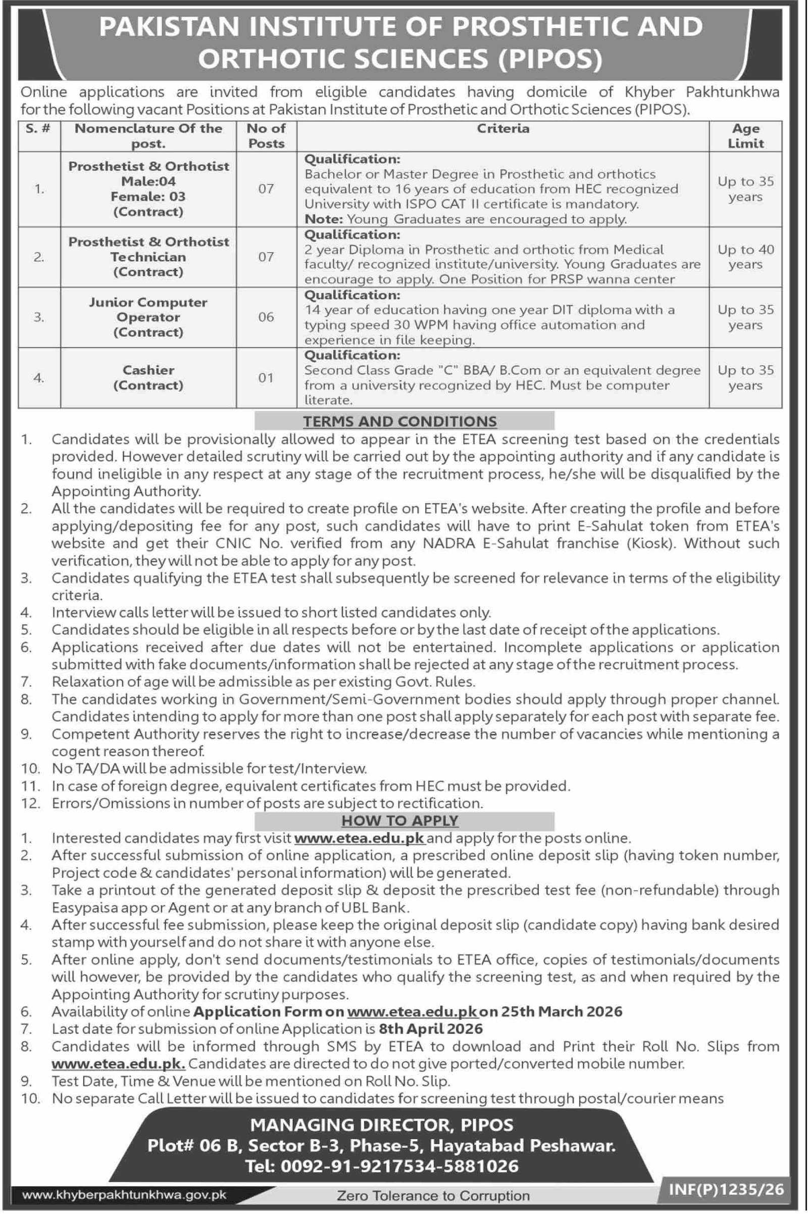 Pakistan Institute of prosthetic & Orthotics PIPOS Jobs 2026 2026 Job Commercial Pakistan