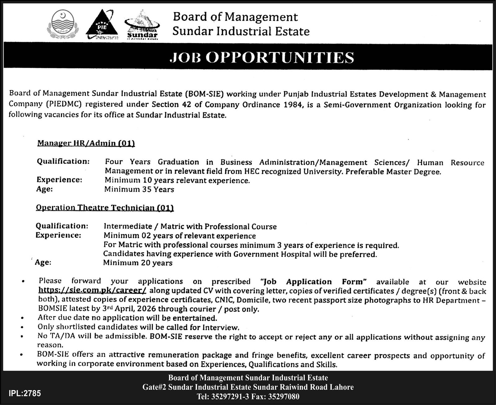 Board of Administration Sundar Industrial Property Jobs 2026 2026 Job Commercial Pakistan