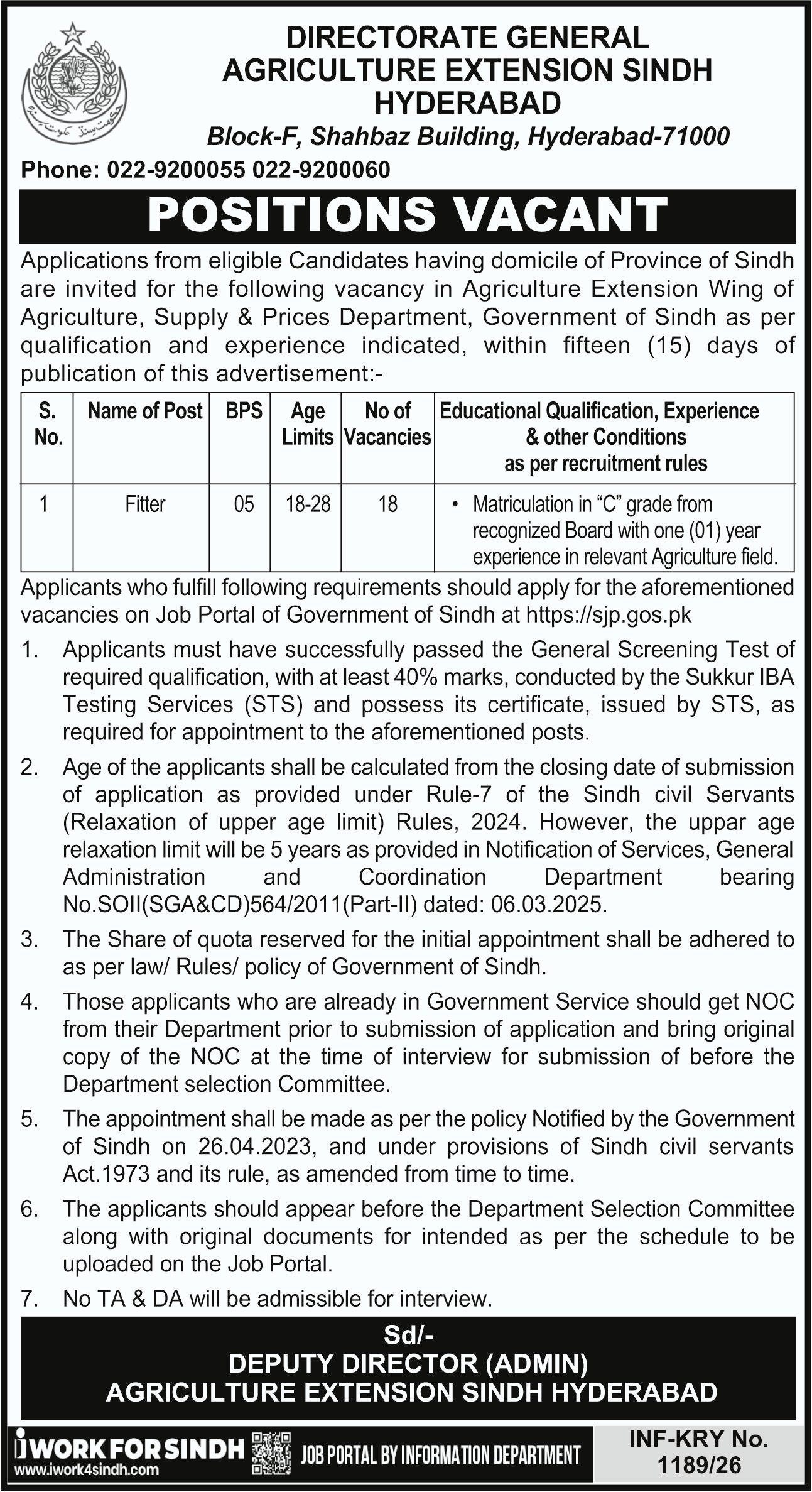 Agriculture Extension Sindh Hyderabad Jobs 2026 2026 Job Commercial Pakistan