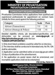 Ministry of Privatisation Islamabad Jobs 2026 for Advisor 2026 Job Commercial Pakistan
