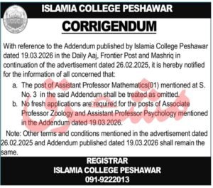 Islamia School Peshawar Jobs 2026 for Assistant Professor 2026 Job Commercial Pakistan