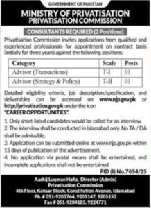 Ministry of Privatisation PC Islamabad Jobs 2026 for Advisor 2026 Job Commercial Pakistan
