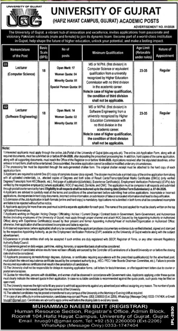 Lecturer Jobs 2026 in College of Gujrat UOG 2026 Job Commercial Pakistan