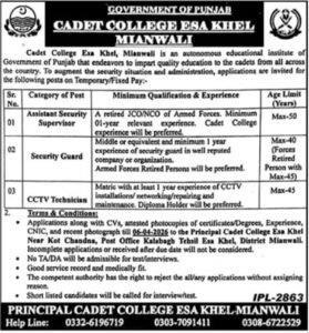 Cadet Faculty Esa Khel Mianwali Jobs 2026 2026 Job Commercial Pakistan