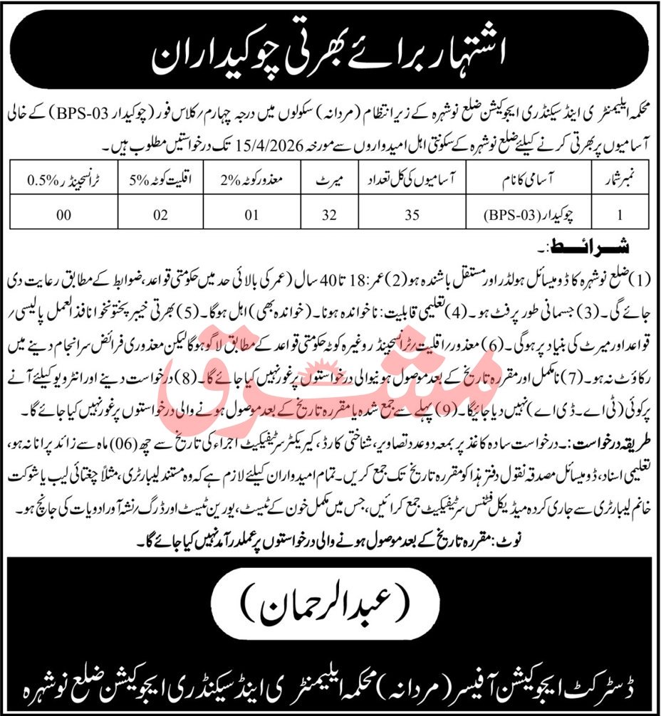 Chowkidar jobs at ESED District Nowshera 2026 Job Commercial Pakistan