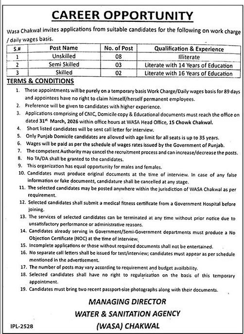 WASA Jobs in Chakwal March 2026 Commercial