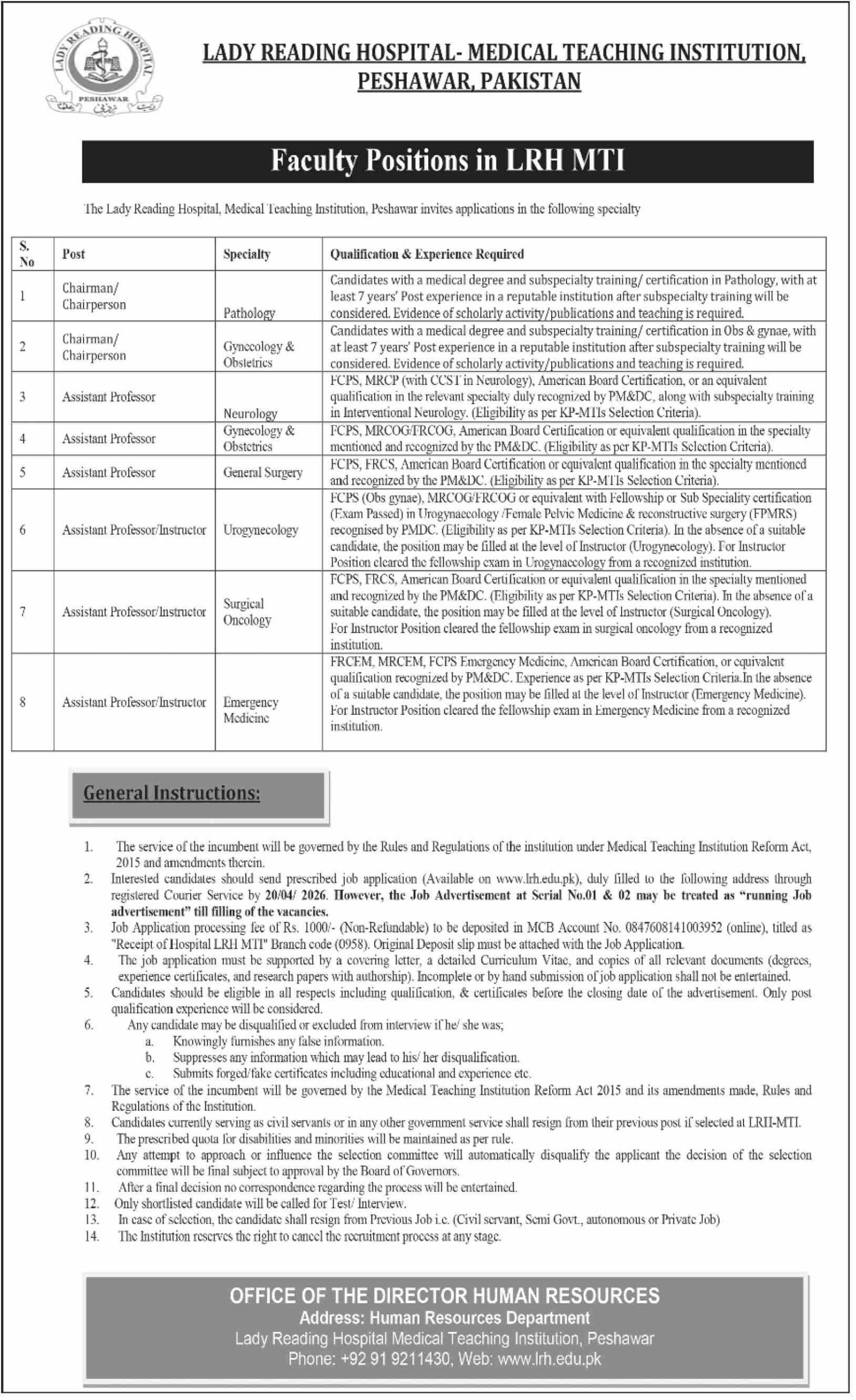 LRH MTI Woman Studying Hospital Peshawar Jobs 2026 2026 Job Commercial Pakistan