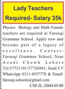 Jang Sunday Categorized Adverts 5 April 2026 for Farooqi Faculty 2026 Job Commercial Pakistan