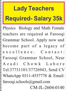Jang Sunday Categorized Adverts 5 April 2026 for Farooqi Faculty 2026 Job Commercial Pakistan