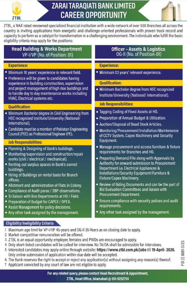 Zarai Taraqiati Financial institution Restricted ZTBL Jobs Discover 2026 2026 Job Commercial Pakistan