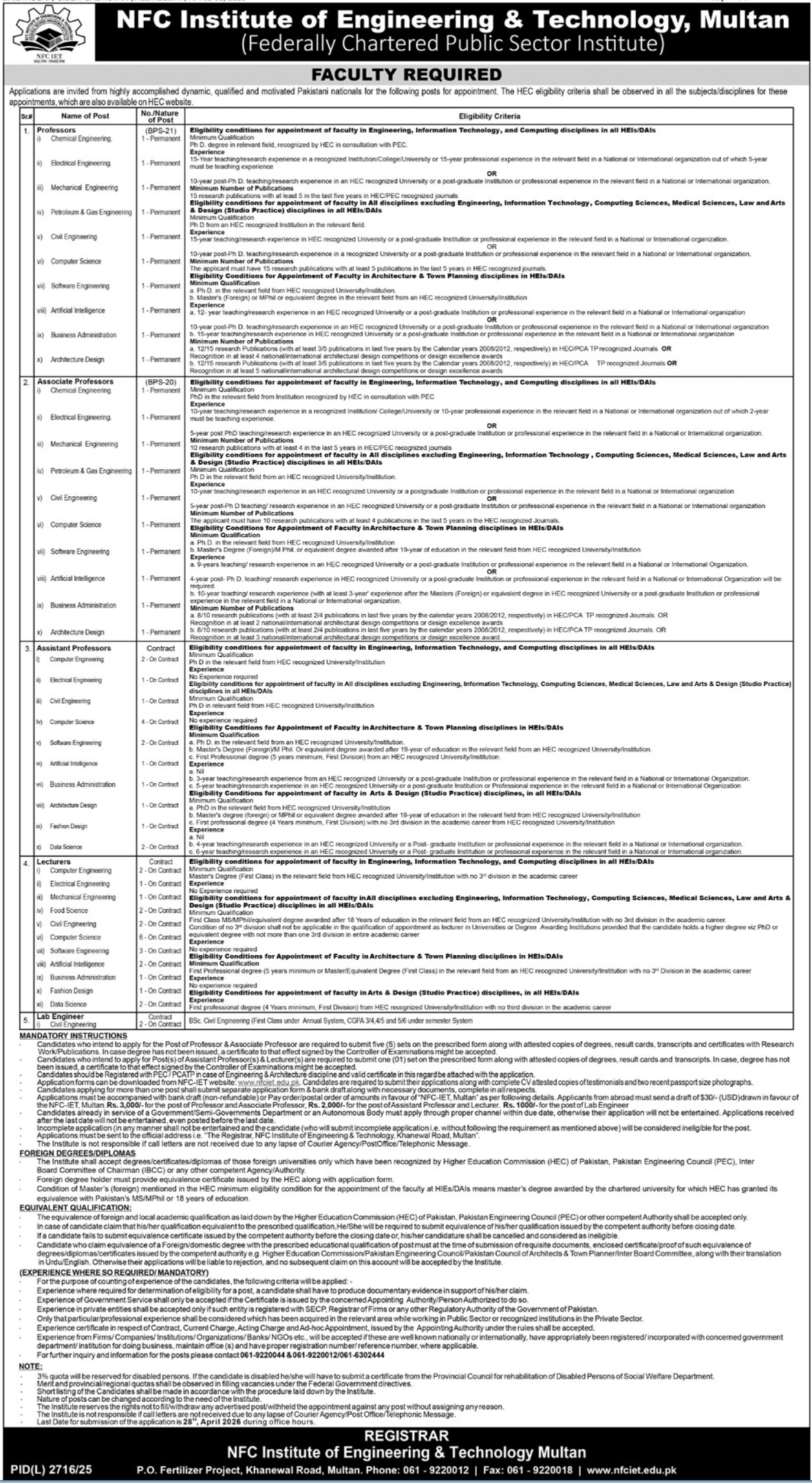 NFC Institute of Engineering & Expertise Multan Jobs 2026 2026 Job Commercial Pakistan