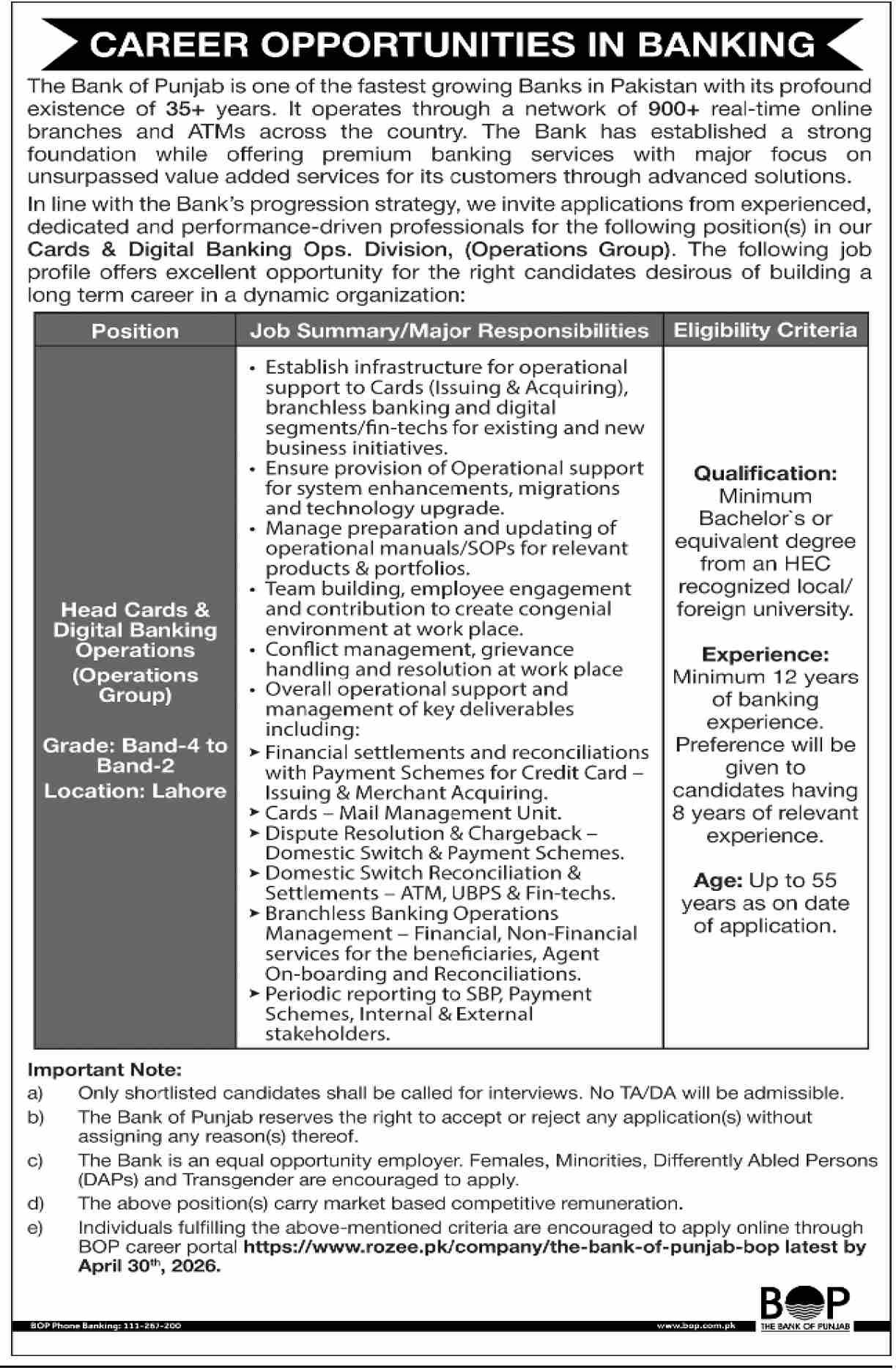 The Financial institution of Punjab BOP Lahore Job 2026 2026 Job Commercial Pakistan