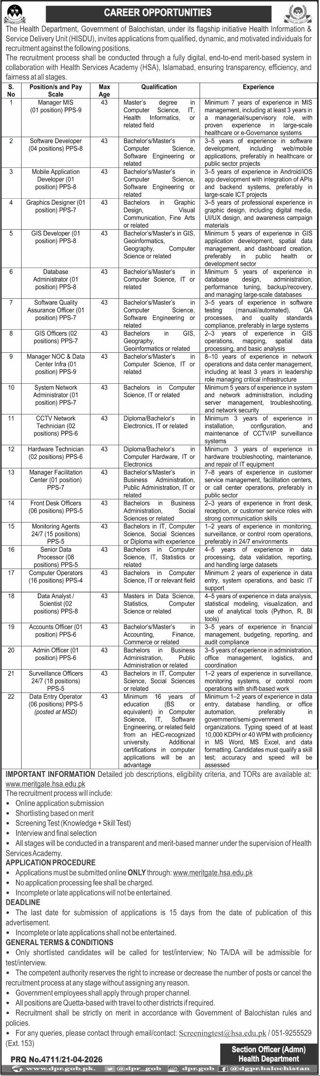 HISDU Well being Companies Academy HSA Balochistan Jobs 2026 2026 Job Commercial Pakistan
