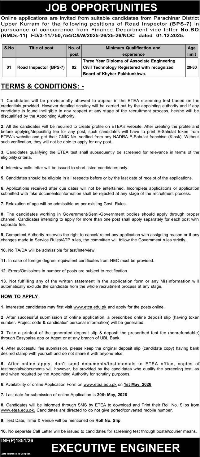 Finance Division Parachinar District Higher Kurram Jobs 2026 Job Commercial Pakistan